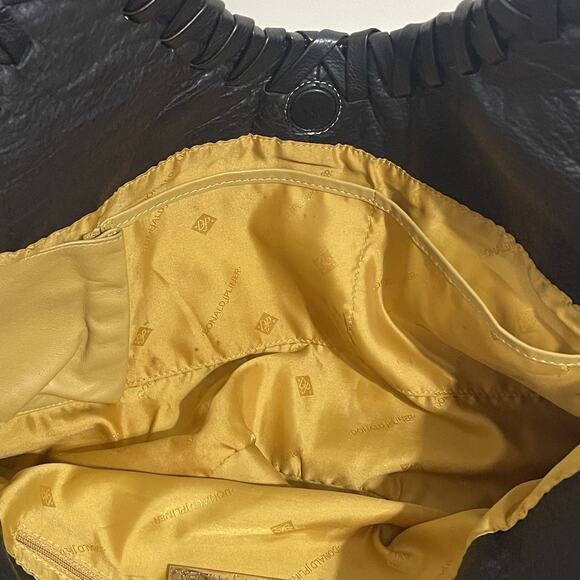 Donald J Pliner Braided Woven Trim Hobo Bag Black Leather Large Boho Flaws - Picture 12 of 16